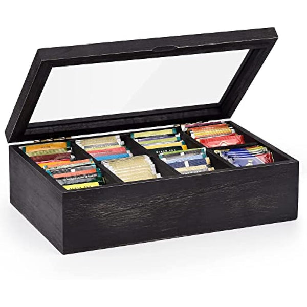 Alsonerbay Tea Box Organiser, Wooden Kitchen Tea Bag Storage Box for Organizing Spice Pouches and Sugar Packets with 8 Compartments and Clear Glass Cover Weathered Black