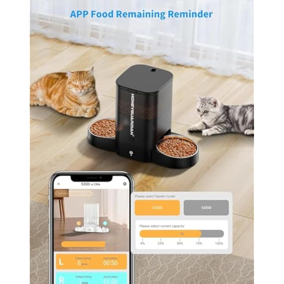 HoneyGuaridan Dual Automatic Cat Feeder APP Control, 2.4G WiFi Smart Pet Feeder for Remote Feeding, 5L Timed Cat Food Dispenser with Freshness & Clog-Free Function, Food Sensor for 2 Cats & Dogs