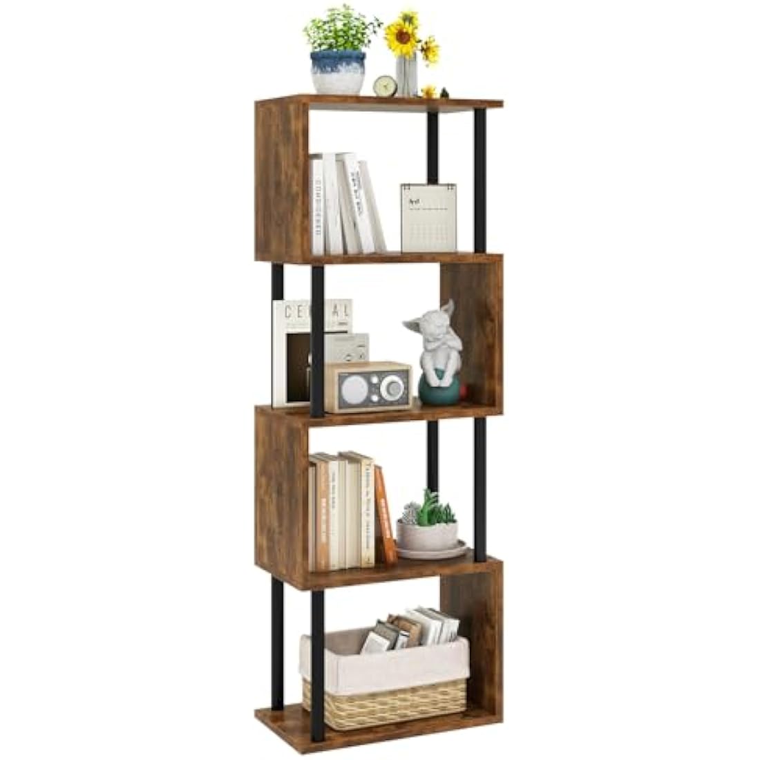 IBUYKE 6-Tier Tall Bookshelf,S-Shaped Geometric Bookcase, Wood Display Shelves With Storage,Industrial Bookshelf for Living Room Bedroom, Home Office, Rustic Brown WBC016H