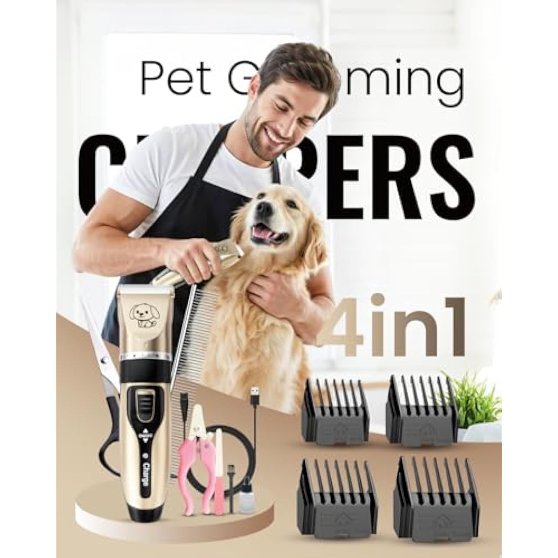 Dog Clippers, Rechargeable Low Noise Cordless Pet Clippers, with 4 Guide Combs and Cleaning Brush Nail Kits