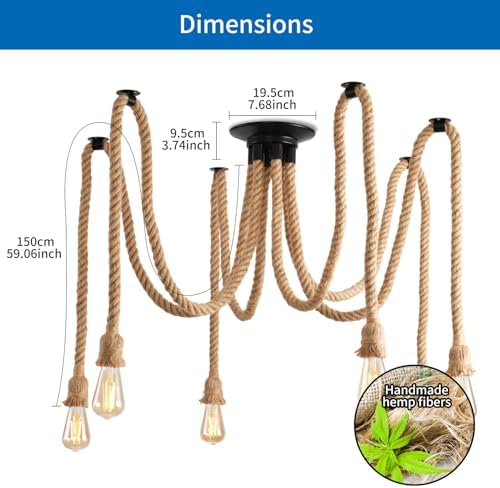 ANWIO 6 Heads Spider Light Chandelier,Pendant Lighting Ceiling,DIY Spider Rope Ceiling Lights,Bedroom Light Shades,Industrial Hanging Ceiling Lights,Hanging Light Fitting,Loft Lighting（1PCS）
