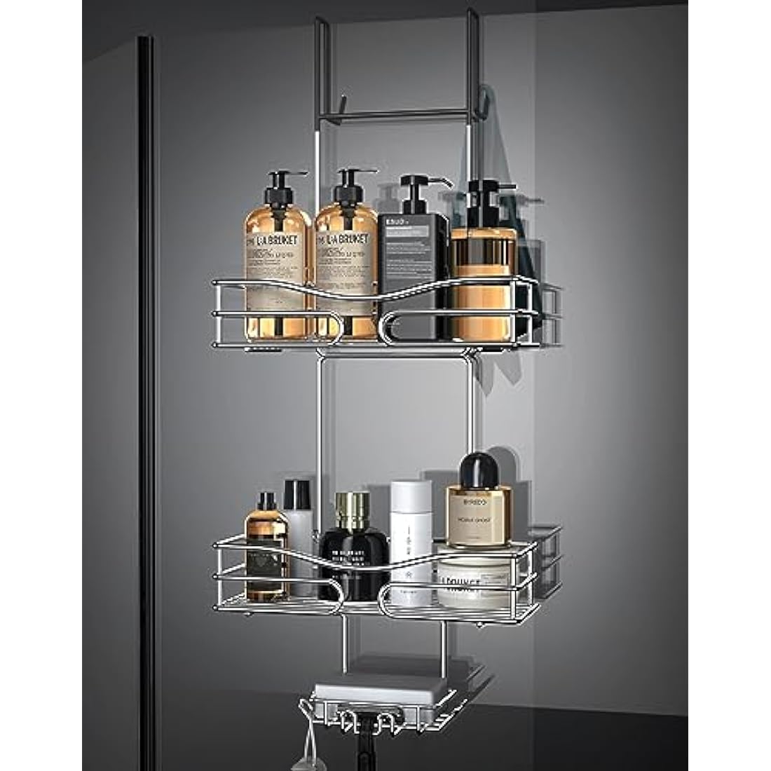 Cooeco Over Door Shower Caddy 2-Tier Bathroom Shelf with Soap Holder and Hooks, Stainless Steel Storage Organizer, Rust Proof, Silver