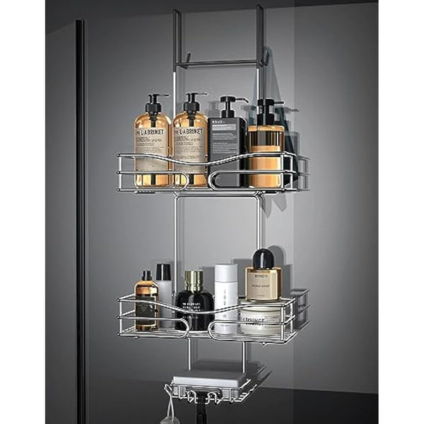 Cooeco Over Door Shower Caddy 2-Tier Bathroom Shelf with Soap Holder and Hooks, Stainless Steel Storage Organizer, Rust Proof, Silver
