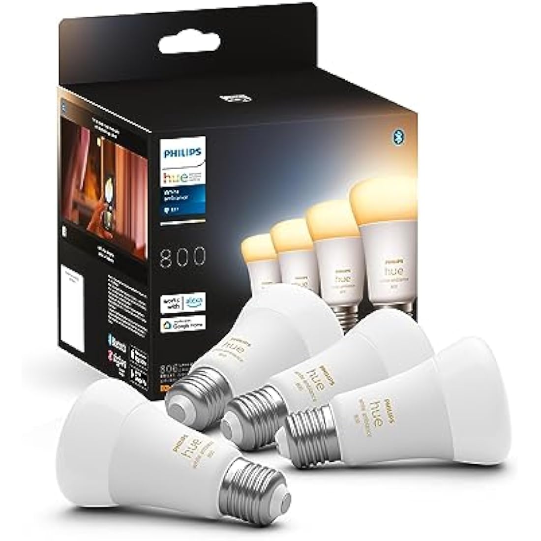 Philips Hue New White Ambiance Smart Light Bulb 4 Pack 60W - 800 Lumen [E27 Edison Screw] with Bluetooth. Works with Alexa, Google Assistant and Apple Homekit.