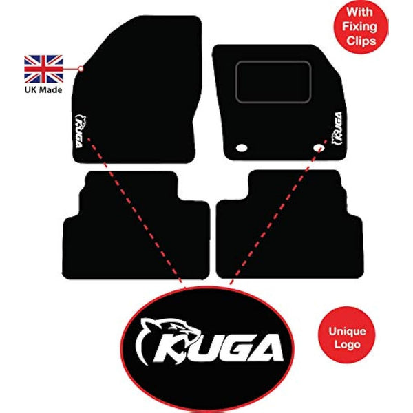 Lusso Floor Carpet Mats for Car | Tailored/Compatible to Fit Ford Kuga 2008 to 2012 | with unique logos Carpet | Front & Rear with Heel Pad | 4-Piece Set (Red edging)
