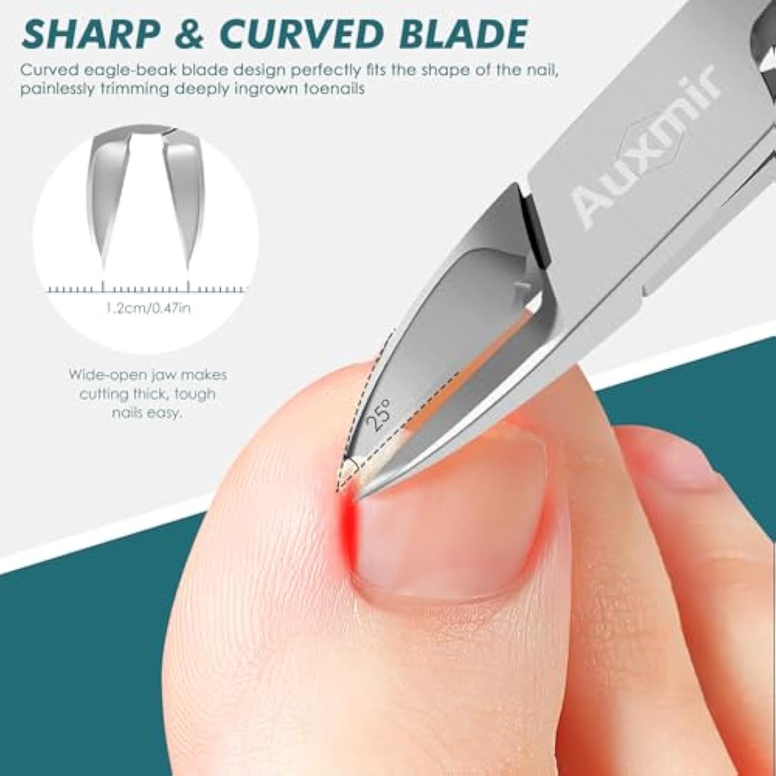 Auxmir Toenail Clippers, Precision Nail Clippers for Thick or Ingrown Toenails, 5" Sharp Curved Stainless Steel Nail Cutters, Professional Nippers Grooming Tool, Safety Cover Included