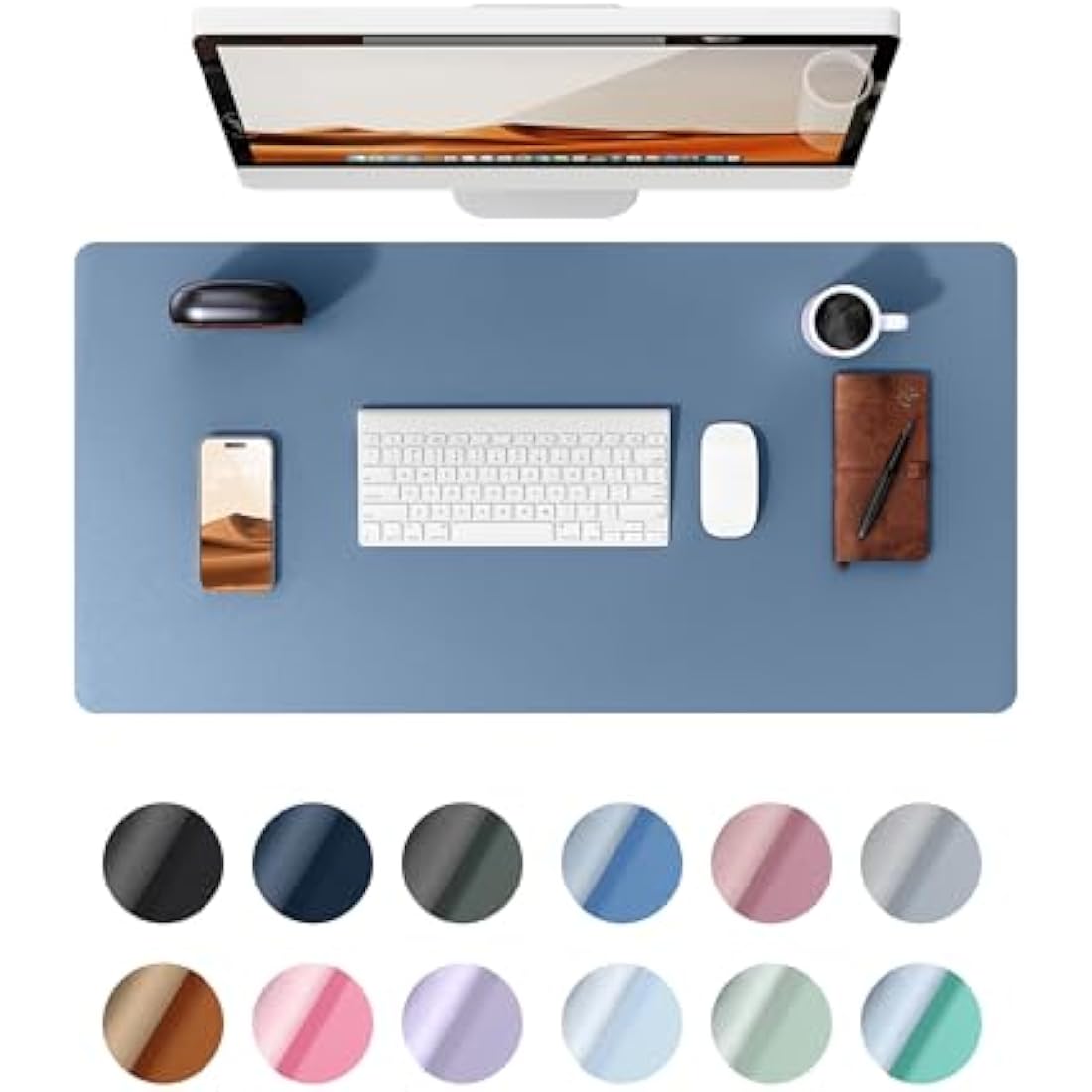 YSAGi Leather Desk Mat, Large Mouse Mat, Non-Slip Desk Pad, Waterproof PU Leather Table Protector Writing Pad for Office and Home (90 x 43 cm, Sea Blue)