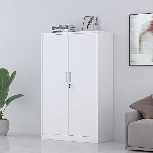 iJINGUR Metal Storage Cabinet with Locking Doors and 3 Adjustable Shelves, Lockable Steel Storage Cupboard for Home Office and Garage (White)