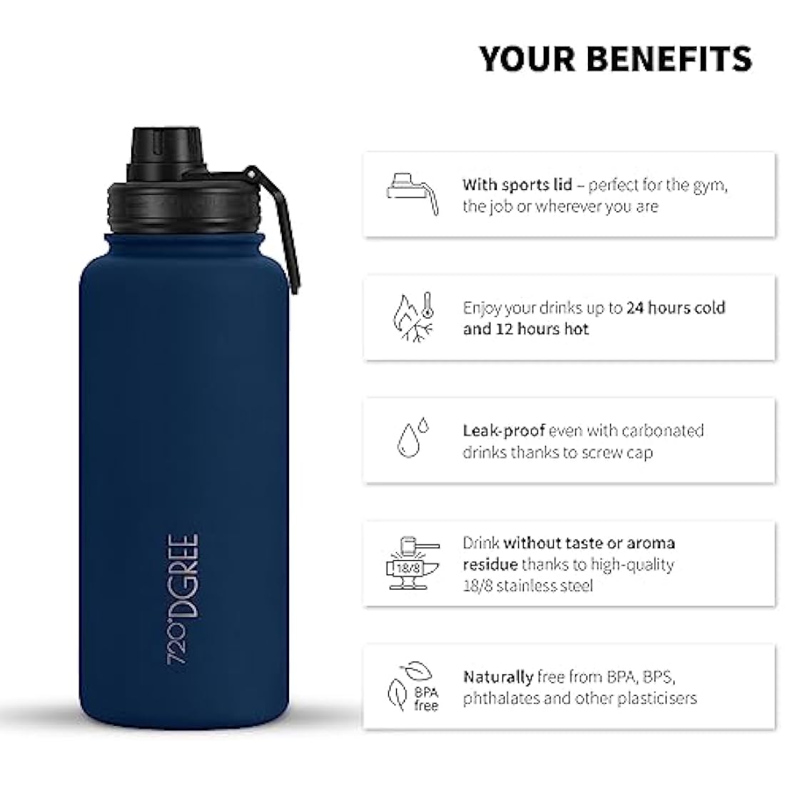 720°DGREE Vaccum Insulated Water Bottle + Infuser “noLimit“ - 950ml - Leakproof, BPA-Free, Thermo Stainless Steel Flask - Carbonated Drinks, Sports, School, Travel, Hiking, Outdoor +Sports-Cap