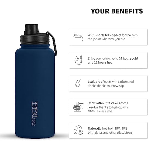720°DGREE Vaccum Insulated Water Bottle + Infuser “noLimit“ - 950ml - Leakproof, BPA-Free, Thermo Stainless Steel Flask - Carbonated Drinks, Sports, School, Travel, Hiking, Outdoor +Sports-Cap