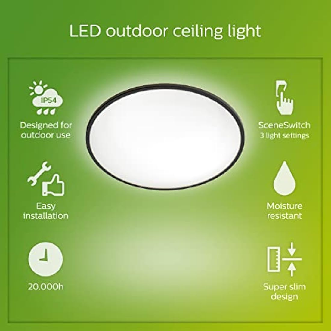 Philips LED SuperSlim Outdoor Ceiling Light 15W [Cool White - Black] Water Resistant IP54, For Garden, Patio and Terrace Lighting.