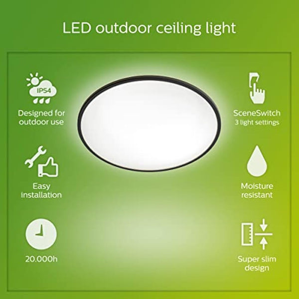 Philips LED SuperSlim Outdoor Ceiling Light 15W [Cool White - Black] Water Resistant IP54, For Garden, Patio and Terrace Lighting.