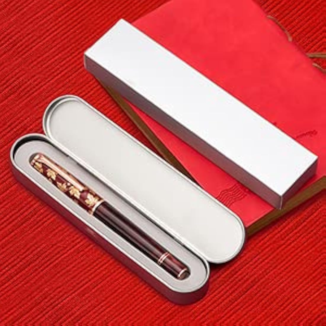 Hongdian N8 Red Acrylic Fountain Pen, Irdidium Long Blade Fine Nib Rose Gold Trim Maple Leaves Carving Cap, Smooth Writing Pen with Converter and Metal Pen Box Set