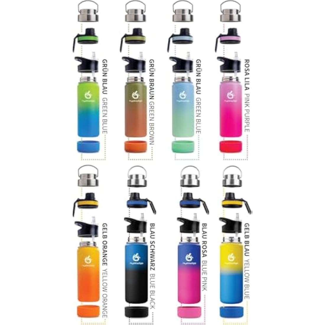 hydro2go Stainless Steel Water Bottle – BPA-Free Bottle for Kids, School, Sports & Outdoor – Keeps Drinks Hot for up to 12H and Cold for up to 24H – Includes 3 Drinking Caps – 530ml (Earth)