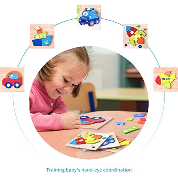 Highttoy Wooden Jigsaws for 1 2 3 Year Olds,5 Pcs Jigsaw Puzzles for Toddlers Traffic Vehicle Chunky Shape Blocks Early Educational Montessori Wooden Toys for 1+ Year Old Boys Girls