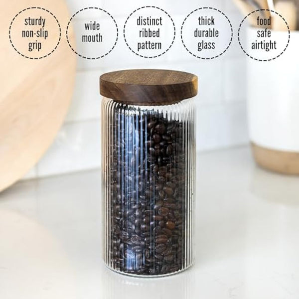 Mason & Fable Ribbed Glass Jar with Wooden Lid 800ml-Set of 3| Airtight Fluted Storage Canister for Food, Pasta, Coffee, Dog Treats, Snacks | Container for Home & Kitchen