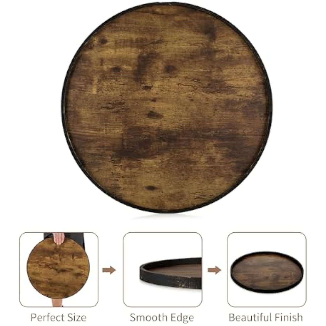 Hanobe Large Serving Tray Round: Decorative Coffee Table Tray for Ottoman Centrepiece Decor - Rustic Wooden Candle Platter for Dining Living Room Footstool 45 cm