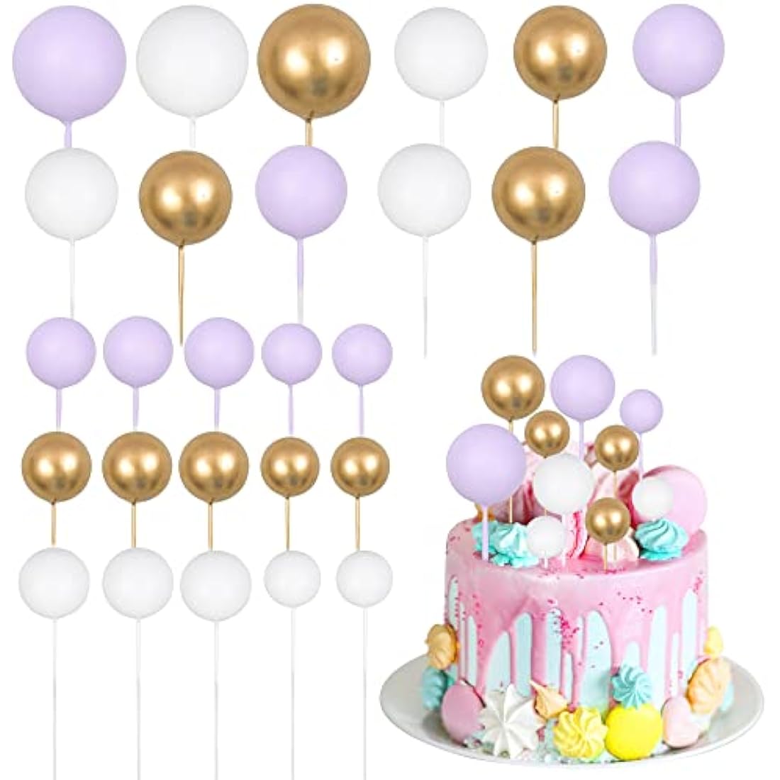 Gyufise 30Pcs Ball Cake Topper Ball Cake Picks Colorful Pearl Ball Shaped Cupcake Insert Cake Topper for Babyshower Birthday Party Favors Wedding Decoration Supplies Purple White Gold