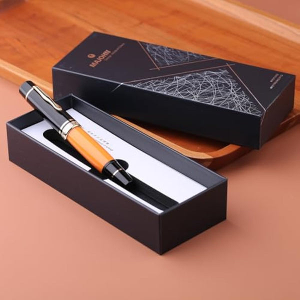 erofa Majohn P139#8 Medium Nib Fountain Pen with Box, Brass Piston System Large Capacity Writing Pen, Black Yellow