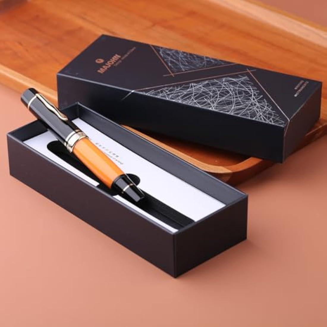 erofa Majohn P139 Piston Fountain Pen Extra Fine Nib with Box, Brass Piston System Large Capacity Resin Writing Pen, Black Yellow