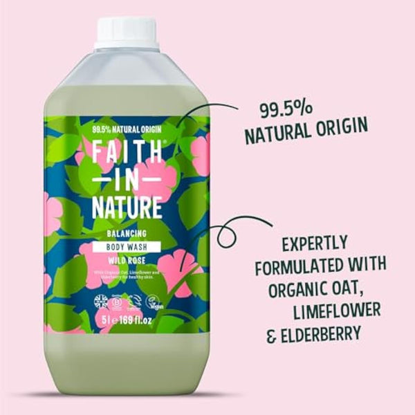 Faith In Nature Natural Wild Rose Body Wash, Balacing Shower Gel, Vegan & Cruelty Free, No SLS or Parabens, 5L Refill Pack