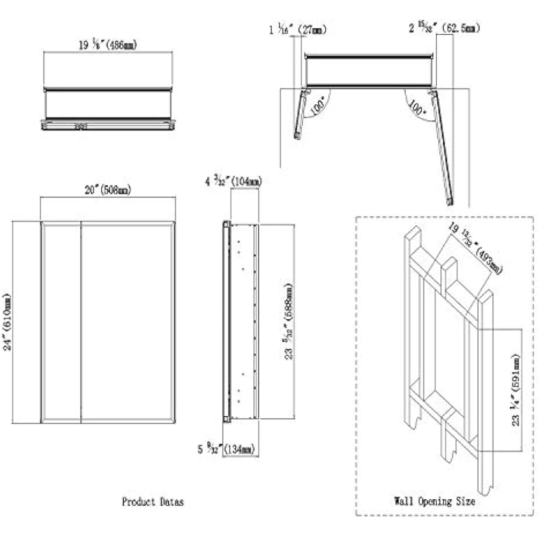 Fundin Aluminum Mirror Cabinet for Bathroom Recess Mount or Surface Mount, with Double Sided Mirror Door, 50 x 61 cm, with Adjustable Tempered Glass Shelves