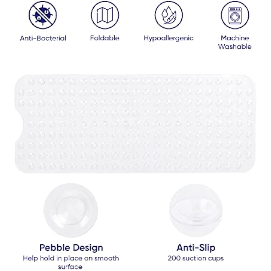 MOONLIGHT20015 Shower Bath Mat Non Slip Anti Mould & Mildew with Strong Suction Cups Grip and Drain Holes Soft Rubber Shower Mats - PVC Bathroom Mat Machine Washable (100x40cm, White)