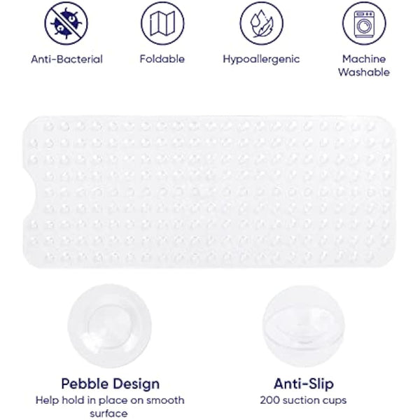 MOONLIGHT20015 Shower Bath Mat Non Slip Anti Mould & Mildew with Strong Suction Cups Grip and Drain Holes Soft Rubber Shower Mats - PVC Bathroom Mat Machine Washable (100x40cm, White)