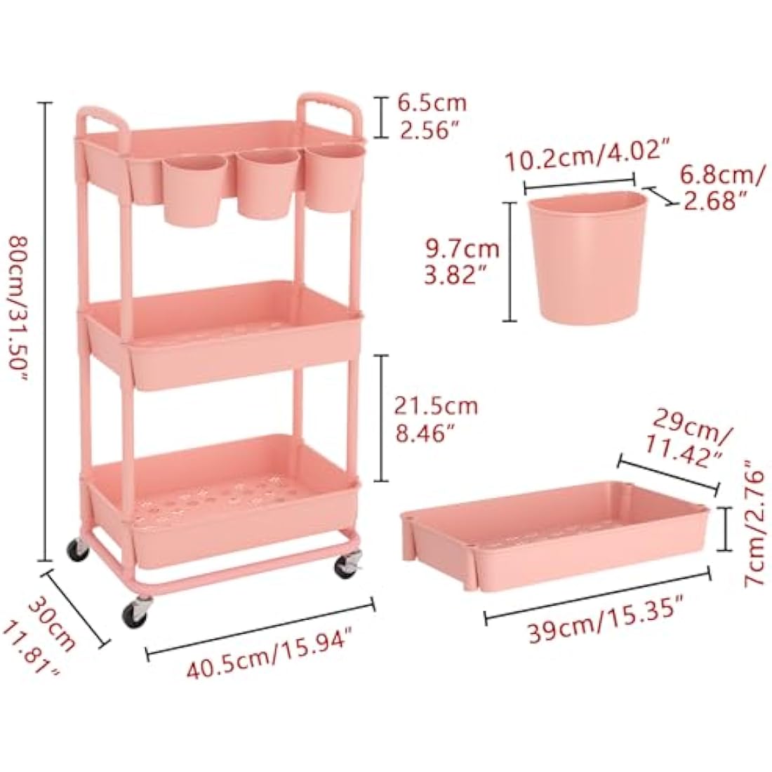 JIUYOTREE 3-Tier Plastic Rolling Storage Cart Utility Cart with Extra Hanging Cups Handles Lockable Wheels for Living Room Bathroom Kitchen Office Pink