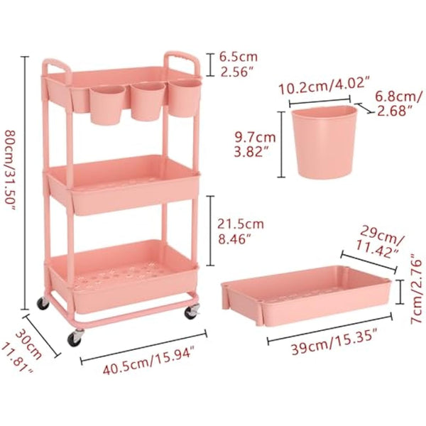 JIUYOTREE 3-Tier Plastic Rolling Storage Cart Utility Cart with Extra Hanging Cups Handles Lockable Wheels for Living Room Bathroom Kitchen Office Pink