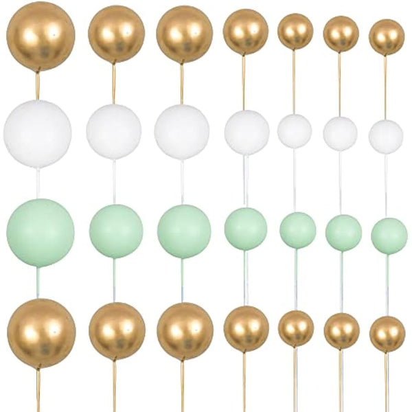 Gyufise 30Pcs Balls Cake Topper Mini Balloons Cupcake Topper DIY Cake Insert Topper Foam Cake Balls Baking Decoration for Wedding Anniversary Valentines Day Birthday Party Green Gold White