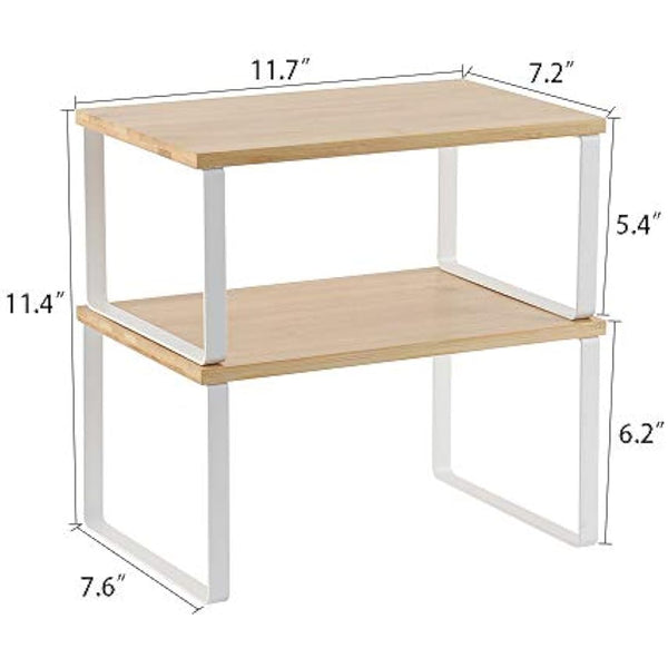 4-Pack Bamboo Kitchen Shelf Organizer for Cabinet, Expandable & Stackable Counter Cupboard Organiser, Storage Rack for Bathroom, Kitchen, Laundry Room White