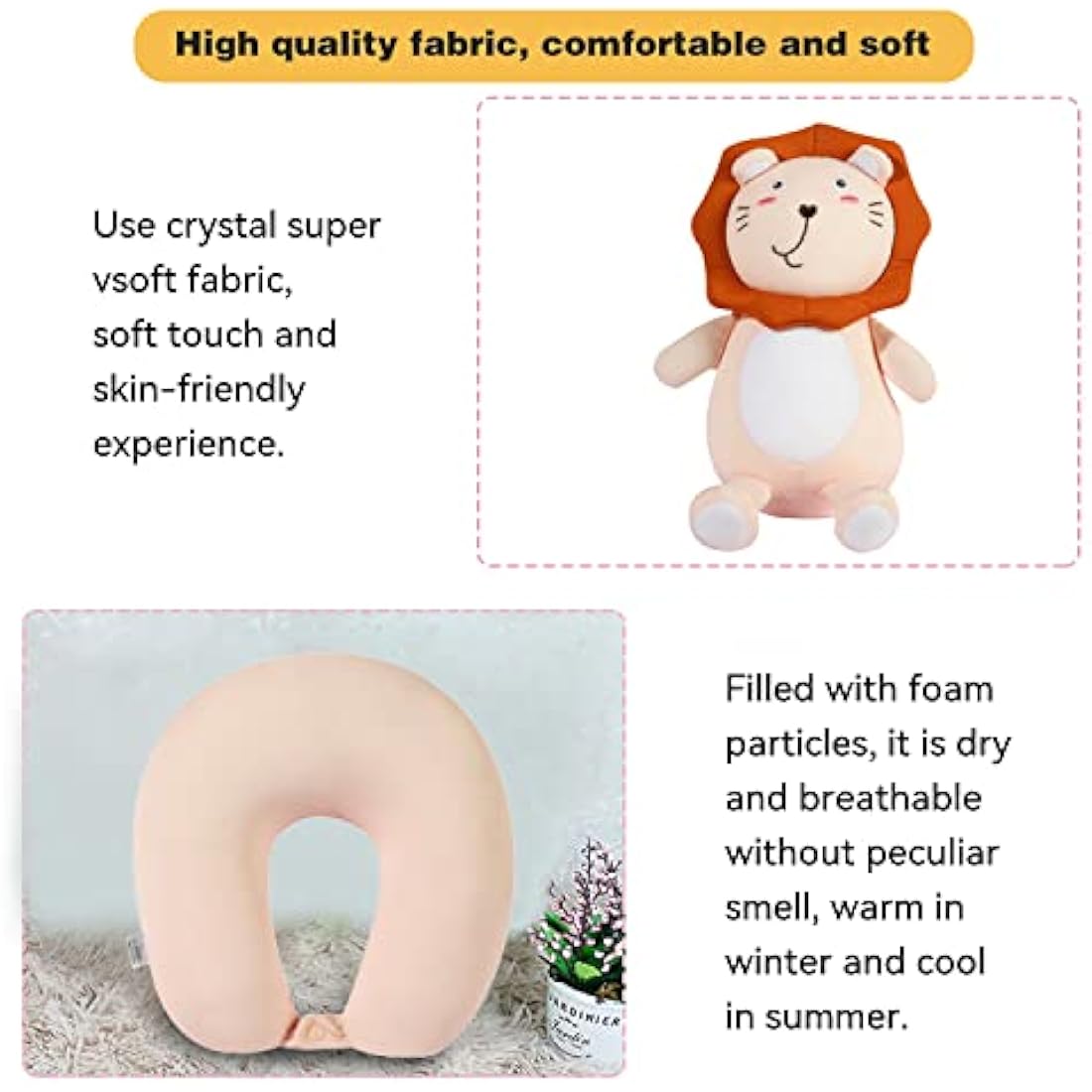 JOYRAVO 2-in-1 Travel Pillow for Kids - Soft and Adorable Animals Plushie That Converts into a U-Shaped Neck Pillow for Ultimate Comfort During Airplane, Train, Bus Trip -Pink Lion