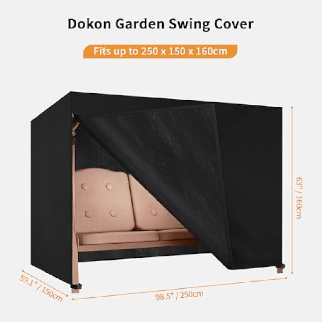 Dokon 4 Seater Garden Swing Covers Waterproof Heavy Duty Oxford Fabric Outdoor Swinging Chair Cover Windproof Anti-UV Patio Garden Hammock Cover with Zips (250x150x160cm) - Black