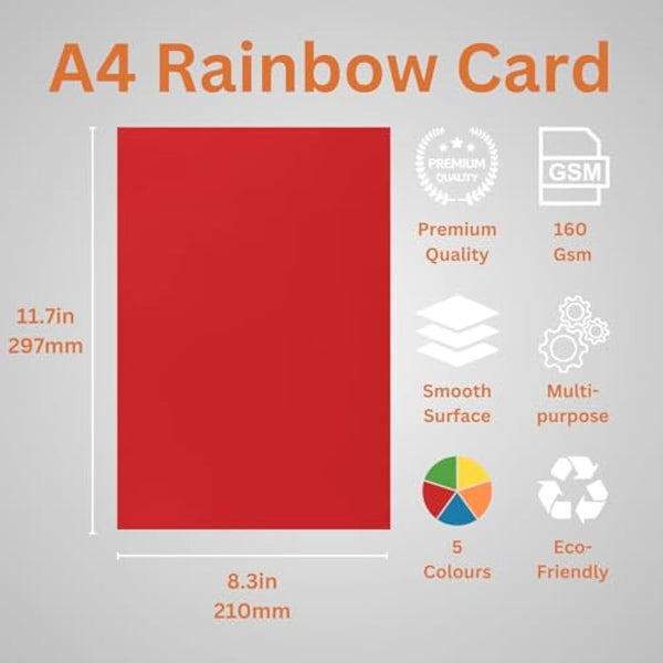 Hawksbill Paper 160GSM Multi-Purpose Rainbow Coloured Card – 250 Pack of Thick, Premium, Bright Printer A4 Card Paper – Copier Paper for Home, Office & Stationery Use