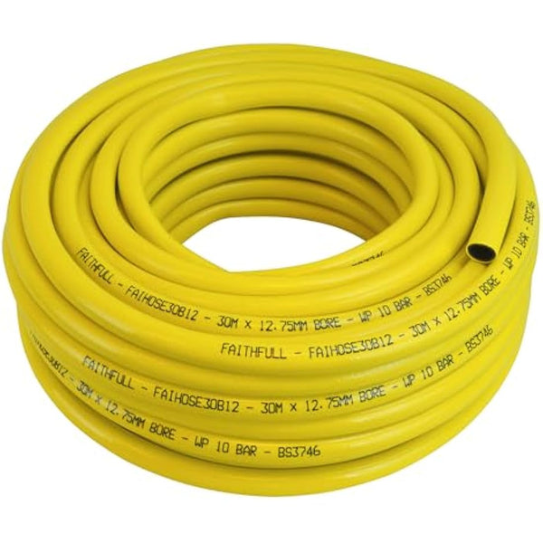 Faithfull Heavy-Duty Reinforced PVC Builders Hose 30M (98ft) 12.5mm (1/2in) Diameter – 24 Braid Fibre Mesh, Kink & Twist Resistant Hose Pipe