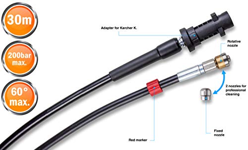 Knofer Drain Cleaning Kit for High Pressure Washer 100Ft 30m 200 bar - Pipe Unblocker Compatible with Karcher, Parkside, Lavor, Bosch Professional -