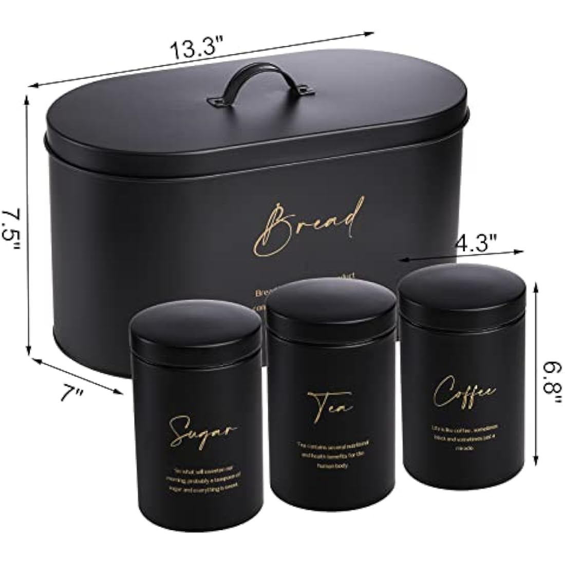 Hacaroa Set of 4 Bread Box and Canister Set for Kitchen Countertop, Metal Bread Bin Sugar Tea Coffee Storage Canister with Lid, Biscuit Tin Set for Loaf, Pastry, Dry Food, Black