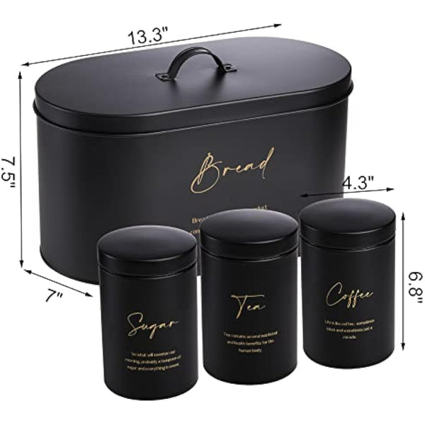 Hacaroa Set of 4 Bread Box and Canister Set for Kitchen Countertop, Metal Bread Bin Sugar Tea Coffee Storage Canister with Lid, Biscuit Tin Set for Loaf, Pastry, Dry Food, Black