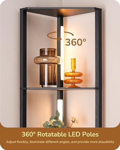 EDISHINE LED Floor Lamps with Shelves, 4 Layers Wood Dimmable Standing Lamp, 360° Rotatable Poles, Corner Floor Lamps for Living Room Bedroom Office, Black