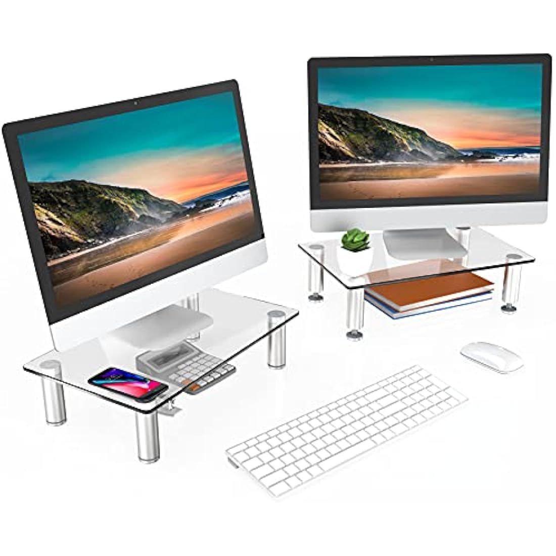 FITUEYES Dual Monitor Stand Glass Height Adjustable PC Laptop Computer Screen Riser, Desk Organzier, 2 Pack-38.5x24x7.5cm