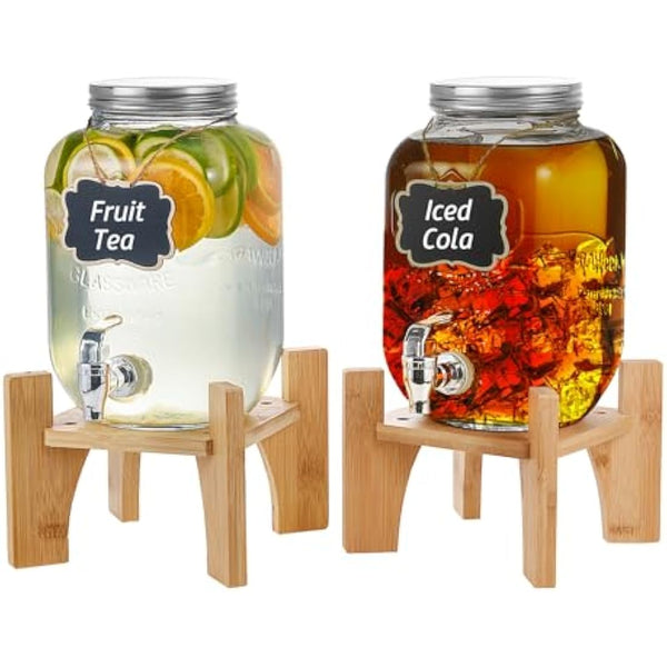 Hisredsun 2 x 4L Glass Drink Dispenser with Stand,Beverage Dispenser, Glass Water Juice Dispensers with Tap, Water jug with tap Perfect for Parties/Weddings/Birthdays