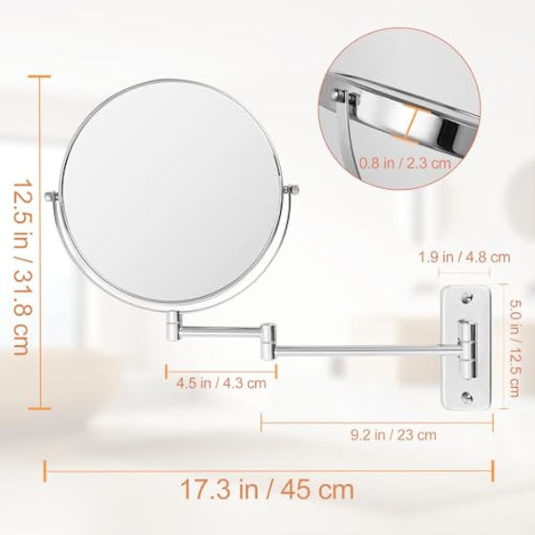 FFowcye 8" Wall Mounted Makeup Shaving Mirror - 1X/10X Double-Sided Magnifying Bathroom Vanity Mirror, 360° Swivel Extendable with Adjustable Arm, Chrome Finish for Makeup (No Light)