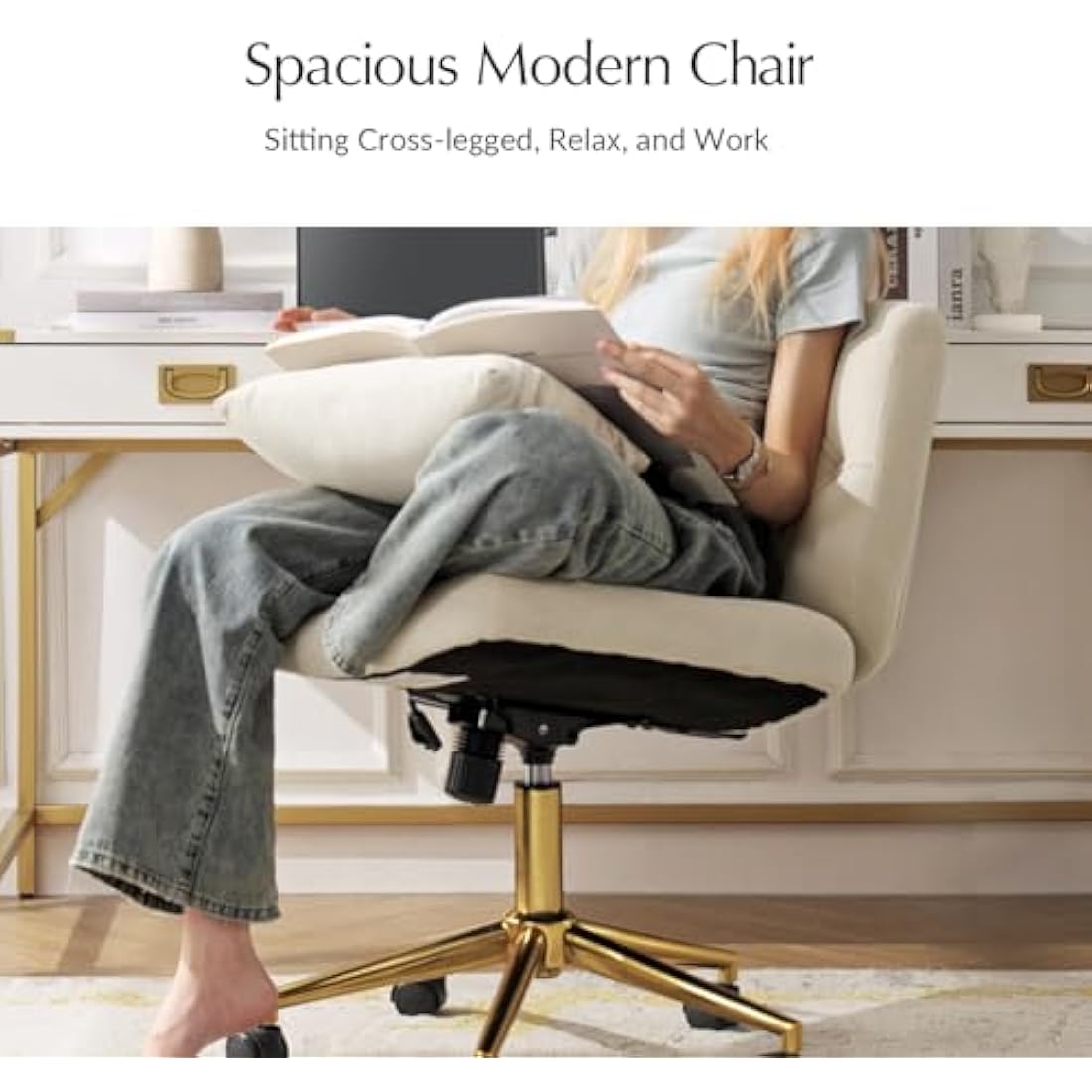 HULALA HOME Vanity Chair with wheels Criss Cross Legged Armless Adjustable Height Velvet Swivel Chair for Home Office Bedroom