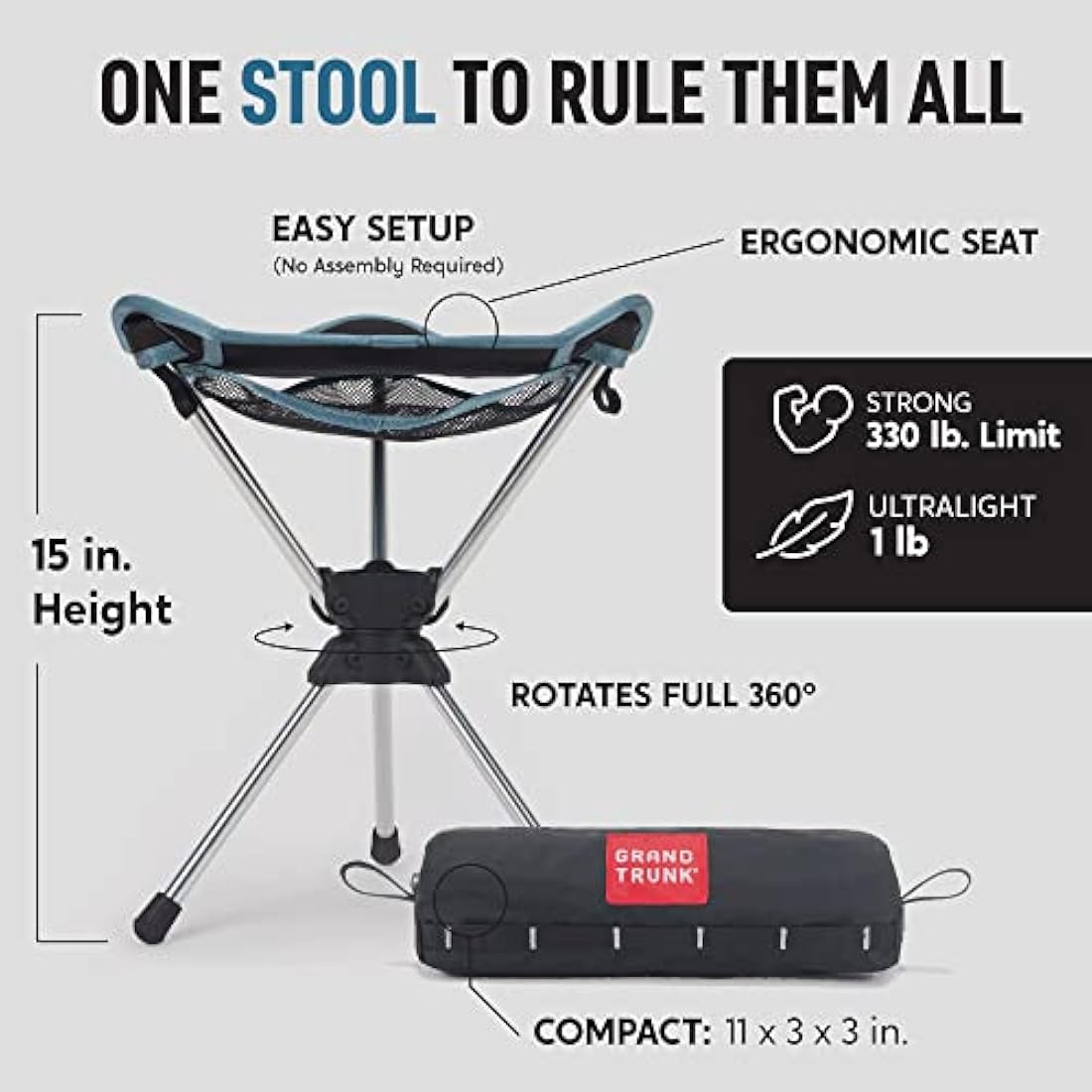 GRAND TRUNK Compass 360° Swivel Camping Stool – Ultra-Light, Foldable & Rotating Travel Chair – Compact & Durable for Outdoors, Hiking, and Fishing – Black