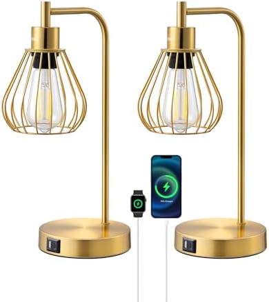 EDISHINE Bedside Lamps Set of 2, Dimmable LED Table Lamp, Teardrop Cage Lampshade, USB Charging Ports, Touch Lamps for Living Room, Bedroom, E27 Socket, Bulb Included, Gold