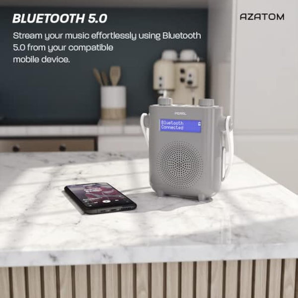 DAB/DAB+ & FM Digital Shower Radio | Bluetooth | IPX5 Waterproof Technology | Rechargeable Battery | Perfect for Home, Bathroom or Outdoors | AZATOM Pearl (White)