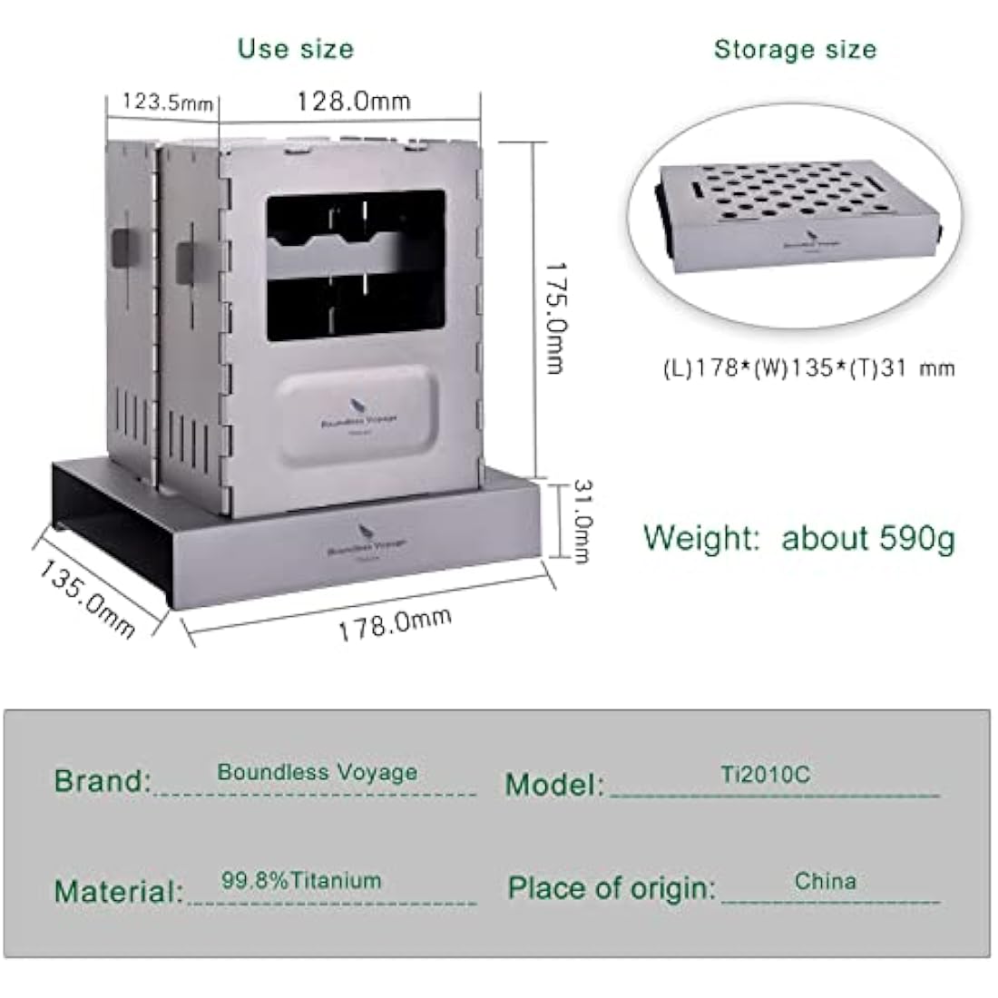 iBasingo Camping Titanium Wood Stove with Rack Folding Burner Outdoor Alcohol Heater Portable Backpacking Card Type Integrated Charcoal Furnace with Pot Bracket Lightweight Grill Cookware Ti2010C