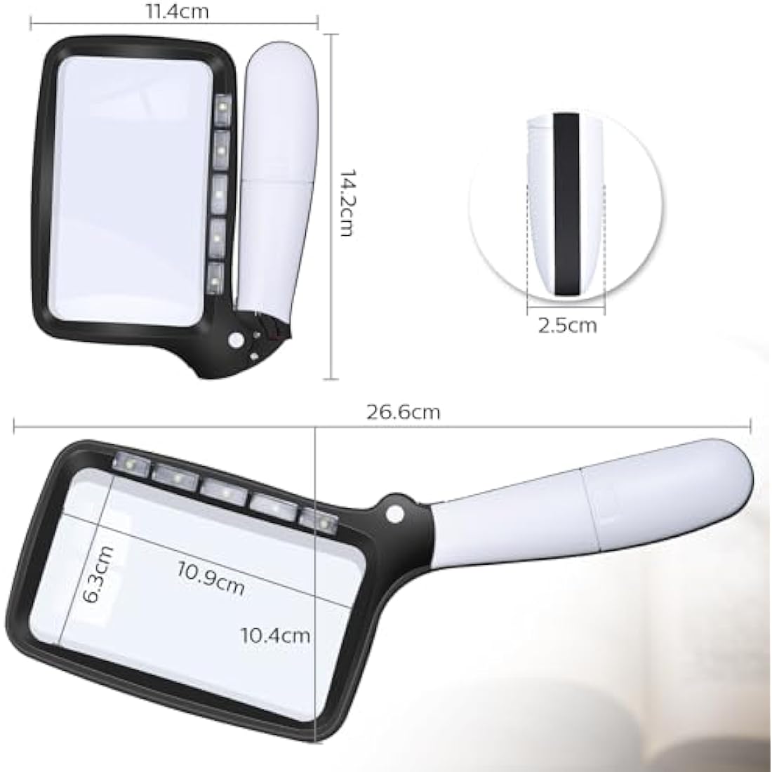 Kaome Rectangular Magnifying Glass with Light Magnifier Large Foldable Handheld 5 LED, 2 Dimming Modes, 2X Magnifying Reading for Seniors Low Vision Books Pages Magazines Newspapers Maps Jewelry