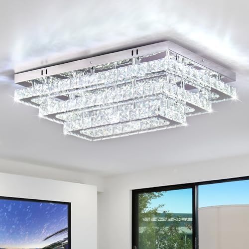 Finktonglan Modern Crystal LED Ceiling Light Fixture 20” Rectangular Flush Mount Chandelier Ceiling Lights 3-Tiers Stainless Steel Ceiling Lamp Fixtures for Living Room Dining Room(6500K Cool White)